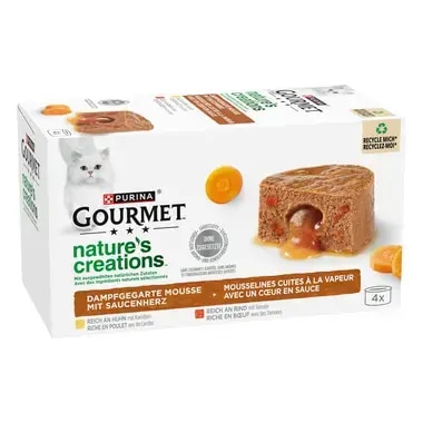 PURINA GOURMET Nature's Creations Mousse mit Saucenherz, reich an Huhn mit Karotte, reich an Rind mit Tomate