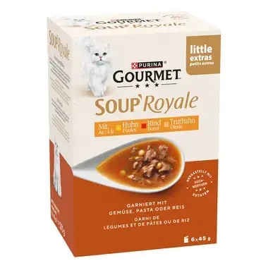 GOURMET Soup Royale mit Rind, Huhn oder Truthahn, garniert mit Gemüse, Pasta oder Reis
