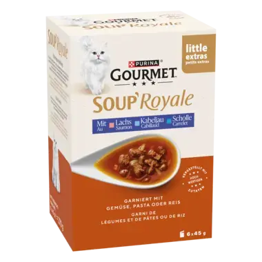 GOURMET™ SOUP ROYALE mit Lachs, Kabeljau oder Scholle, garniert mit Gemüse, Pasta oder Reis