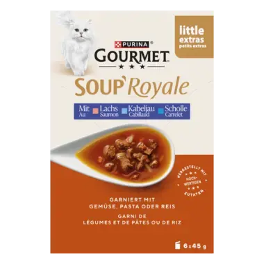 GOURMET™ SOUP ROYALE mit Lachs, Kabeljau oder Scholle, garniert mit Gemüse, Pasta oder Reis