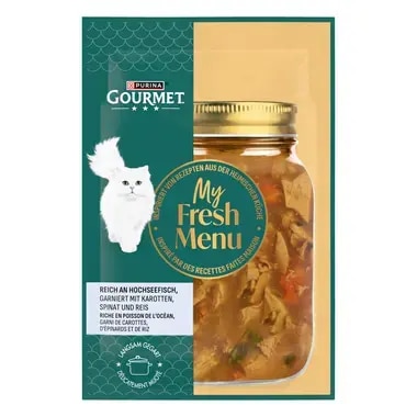 ​GOURMET™ My Fresh Menu reich an Hochseefisch, garniert mit Karotten, Spinat und Reis