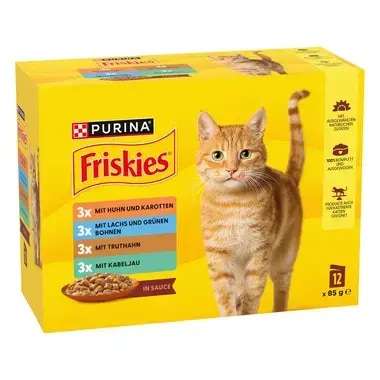 PURINA® FRISKIES® Adult in Sauce mit Huhn und Karotten, Lachs und grünen Bohnen, Truthahn, Kabeljau