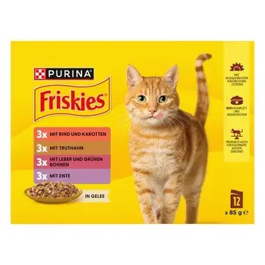 PURINA® FRISKIES® Adult in Gelee mit Rind und Karotten, Truthahn, Leber und grünen Bohnen, Ente
