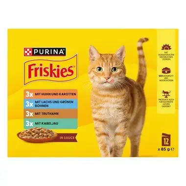 PURINA® FRISKIES® Adult in Sauce mit Huhn und Karotten, Lachs und grünen Bohnen, Truthahn, Kabeljau
