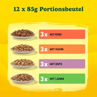 PURINA® FRISKIES® Adult in Sauce mit Rind, Huhn, Ente, Lamm