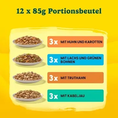 PURINA® FRISKIES® Adult in Sauce mit Huhn und Karotten, Lachs und grünen Bohnen, Truthahn, Kabeljau