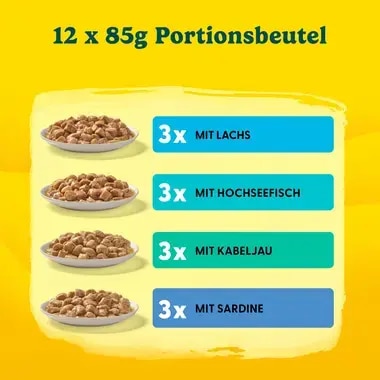 PURINA® FRISKIES® Adult in Sauce mit Lachs, Hochseefisch, Kabeljau, Sardine