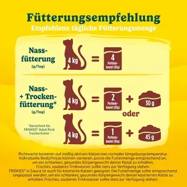 PURINA® FRISKIES® Adult in Sauce mit Huhn und Karotten, Lachs und grünen Bohnen, Truthahn, Kabeljau
