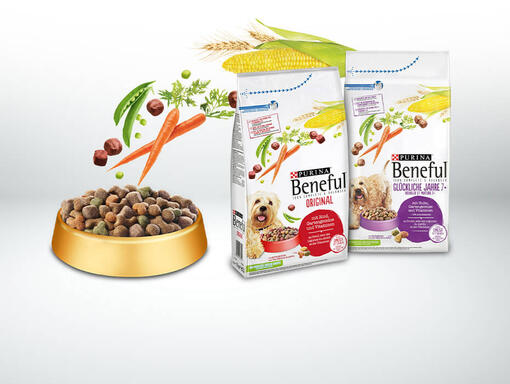 Beneful Napf mit Zutaten und Produktverpackungen