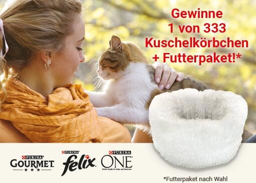 Gewinne mit etwas Glück 1 von 333 PURINA ONE, GOURMET oder FELIX Geschenkpaketen