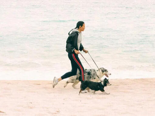 Frau, die mit ihren Hunden am Strand läuft