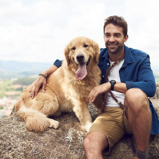 Mann mit Golden Retriever auf dem Felsen