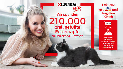 Hund und Katze blicken in die Kamera, wobei ihnen eine Schüssel mit Tierfutter angeboten wird